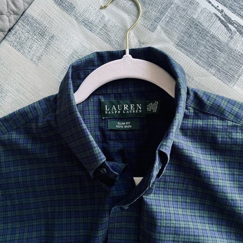 Lauren Ralph Lauren Navy & Green Plaid Slim Button-Down Shirt